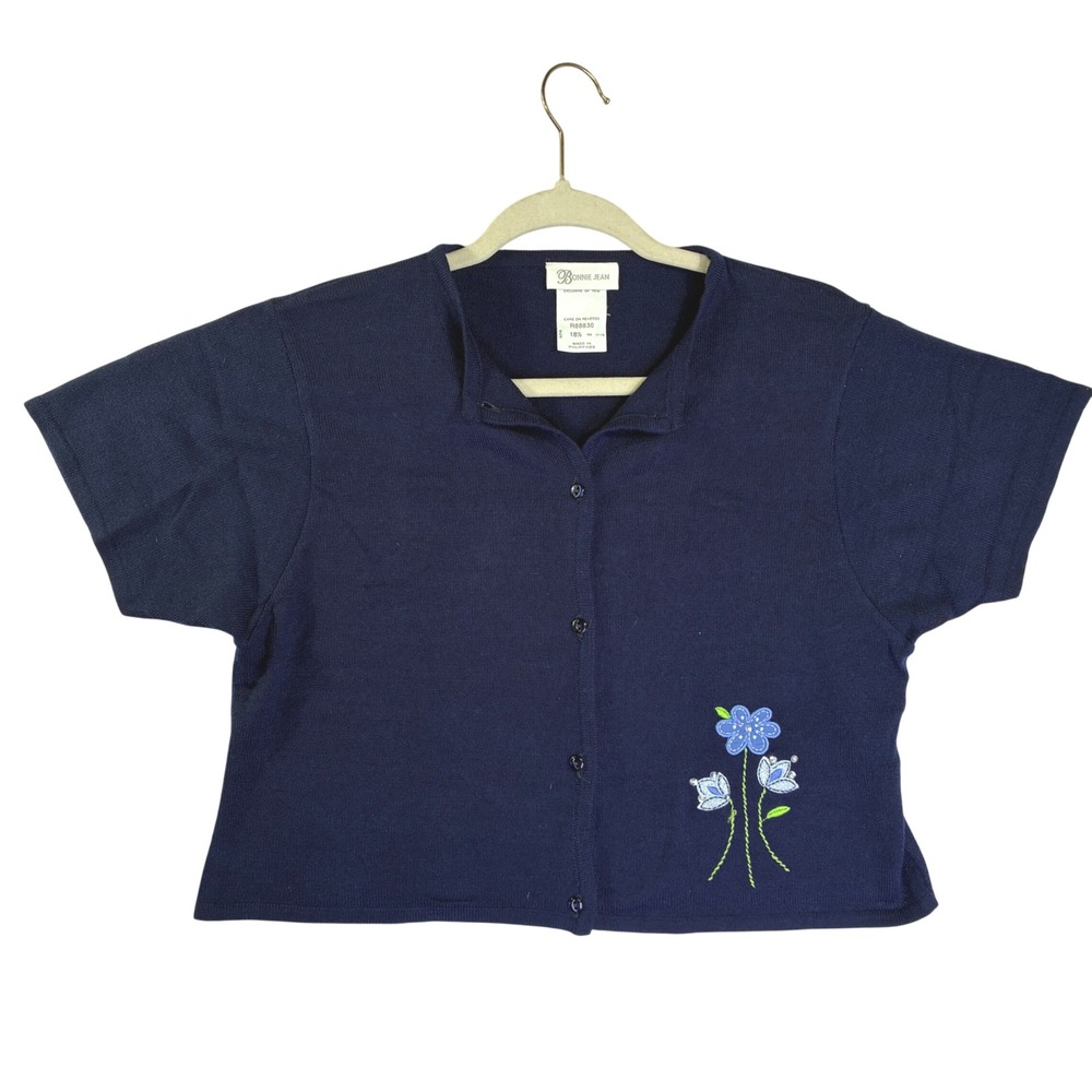 Bonnie Jean Navy Blue Floral Embroidered Short Sleeve Cardigan Sweater Size 18.5